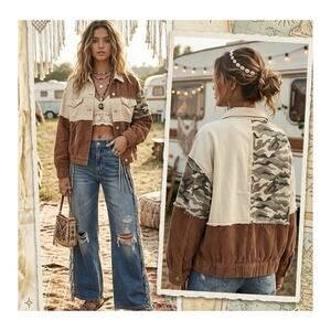 Olí & Hali Women's Size L Patchwork Corduroy Camo Jacket Oversize Boho Fringe